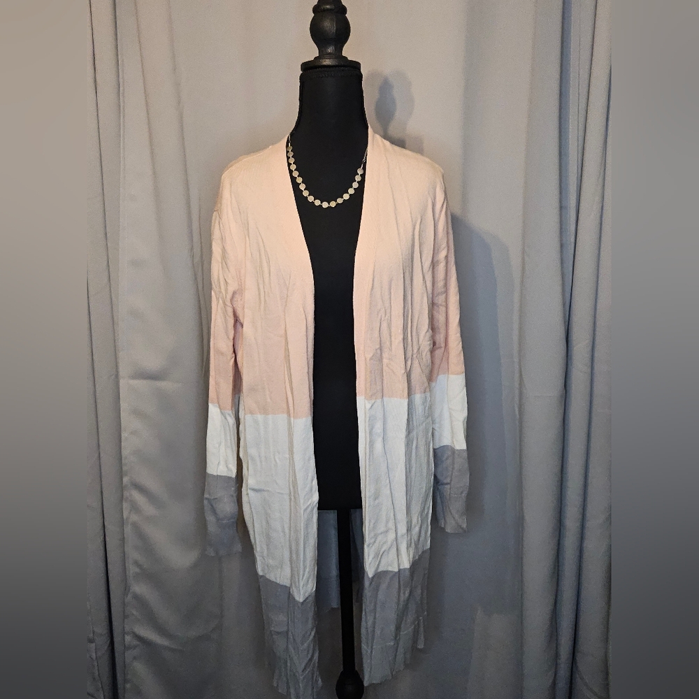 Pink, Grey and White Open Front Cardigan